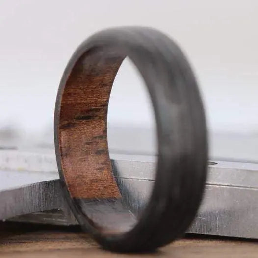Wood ring with carbon fibre material and blue glow powder for mens and ladies