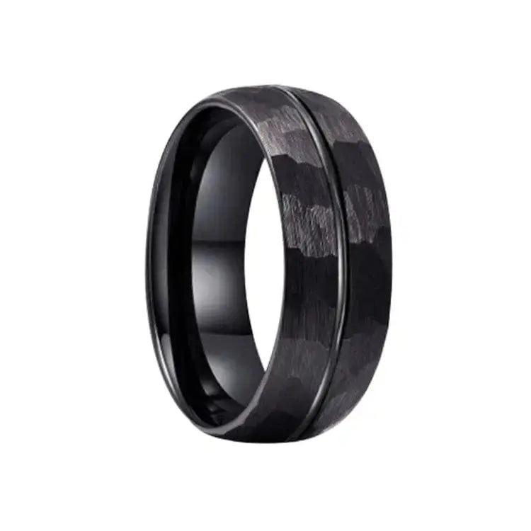 Black Hammered Tungsten Carbide Ring with Centred Groove