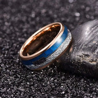 Thumbnail for 8mm Rosegold Tungsten Wedding Ring with Blue and Silver Inlay and Silver Arrow in Centre