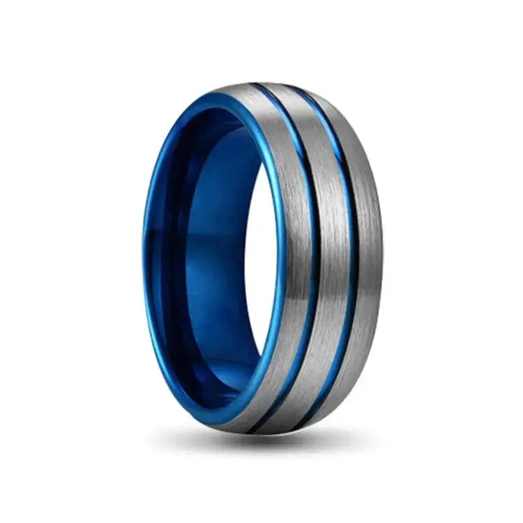 Silver Tungsten Carbide Ring with Blue Grooves and a Blue Inner Band