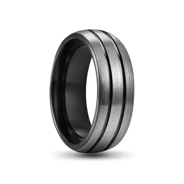Silver Tungsten Carbide Ring with Black Inner and Two Black Grooves
