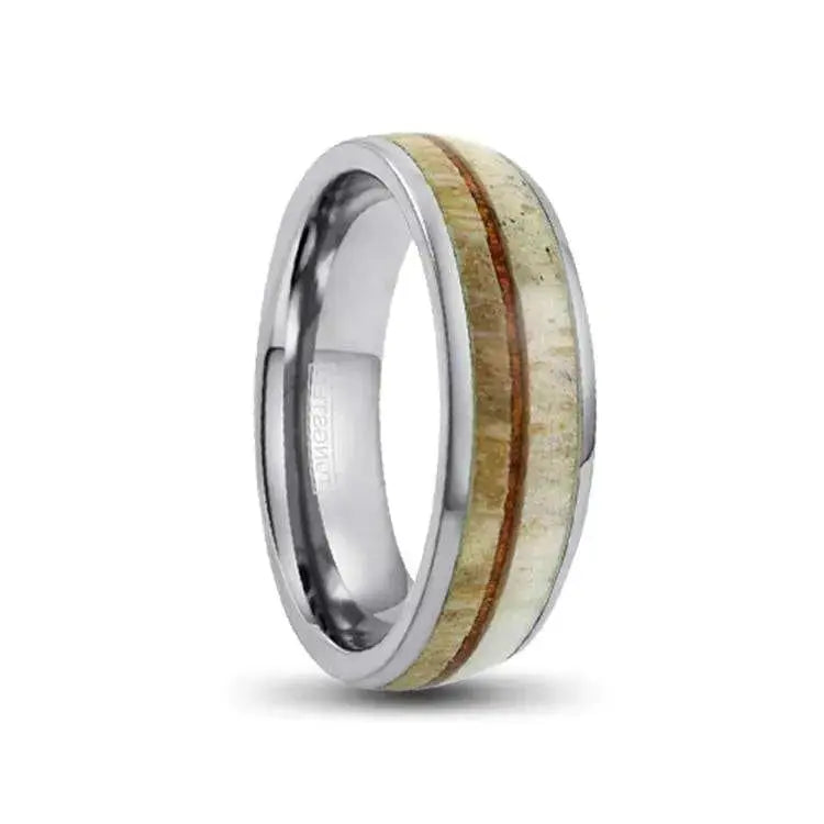 6mm Silver Tungsten Ring with Wood and Antler Inlays Antler Inlays 6mm
