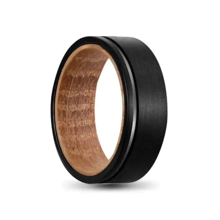 Black Tungsten Carbide Ring with Off Centre Groove and Wooden Inner