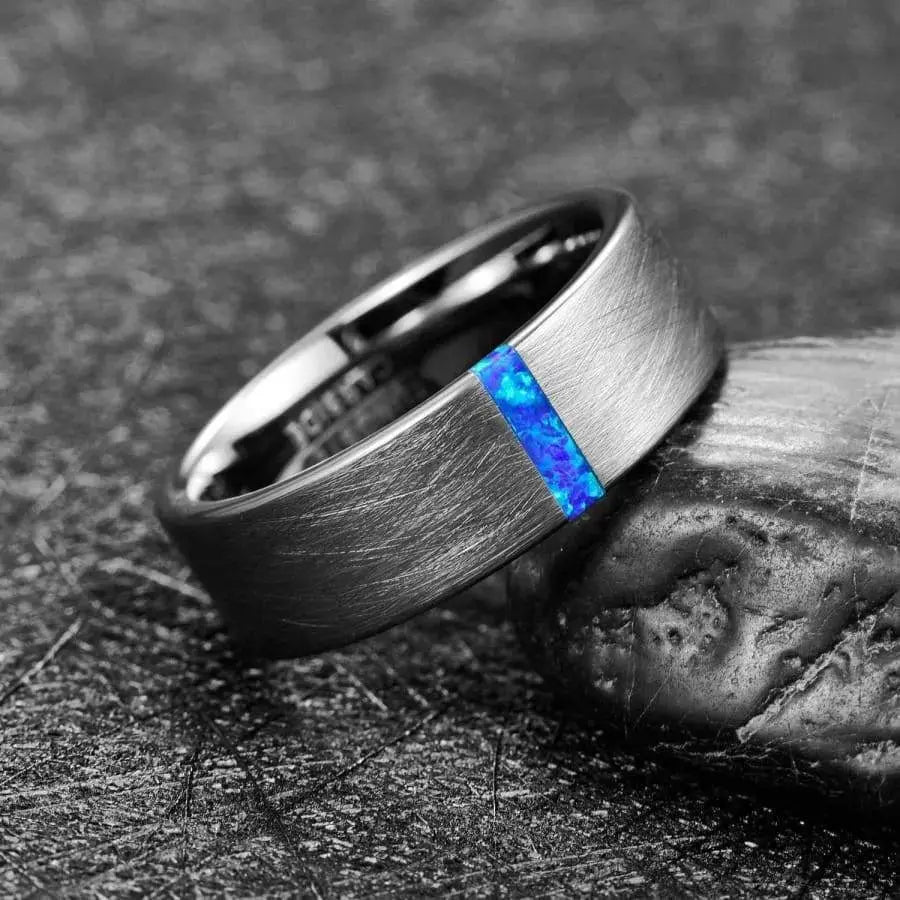 8mm Silver Tungsten Wedding Ring with Blue Opal Stripe Inlay
