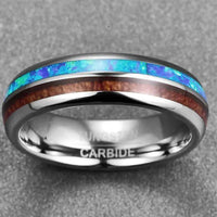 Thumbnail for 6MM Silver Tungsten Wedding Ring With Wood and Synthetic Opal Inlay