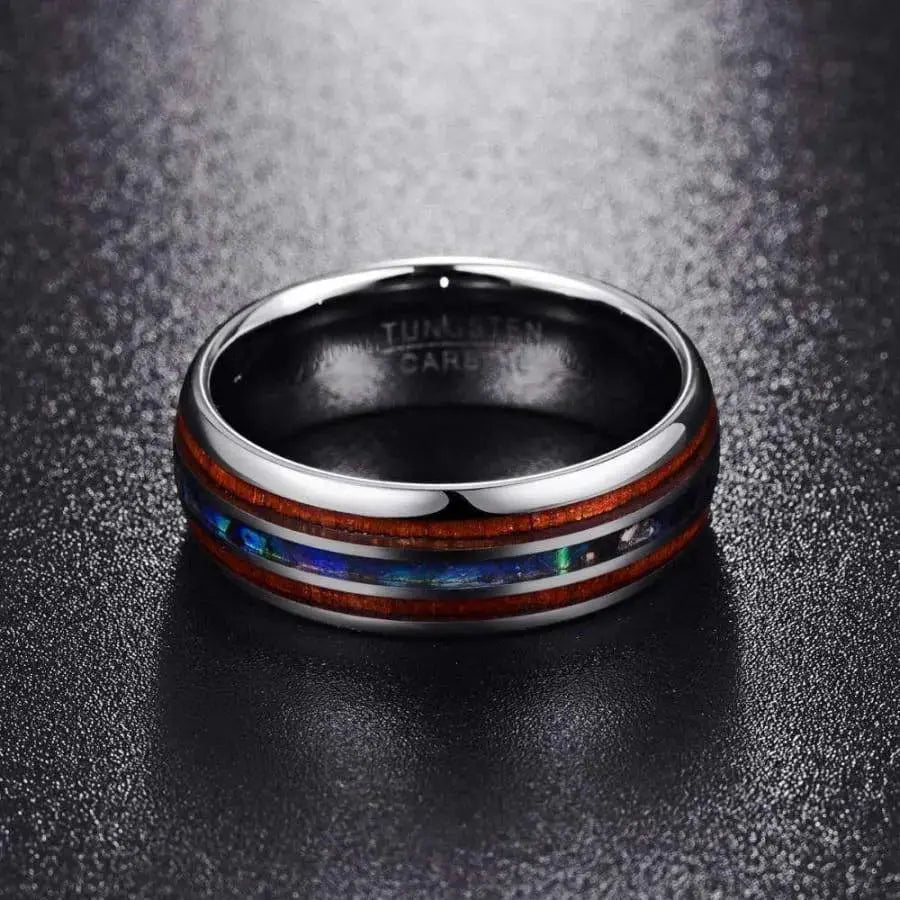 8mm Silver Tungsten Wedding Ring with Wood and Abalone Shell Inlay