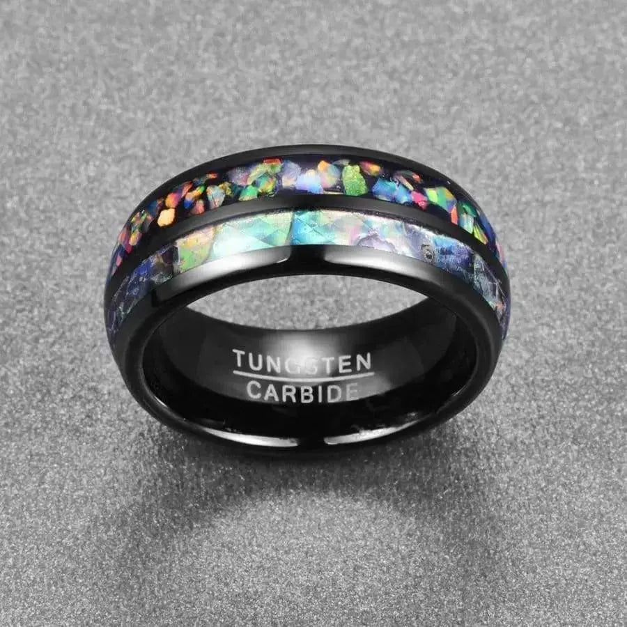 8mm Black Tungsten Wedding Ring with Coloured Synthetic Opal and Abalone Shell