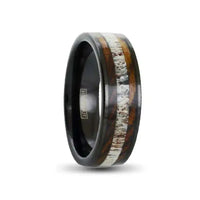 Thumbnail for Black Tungsten Ring with Deer Antler Between Tiger Stripe Bocote Wood Inlays