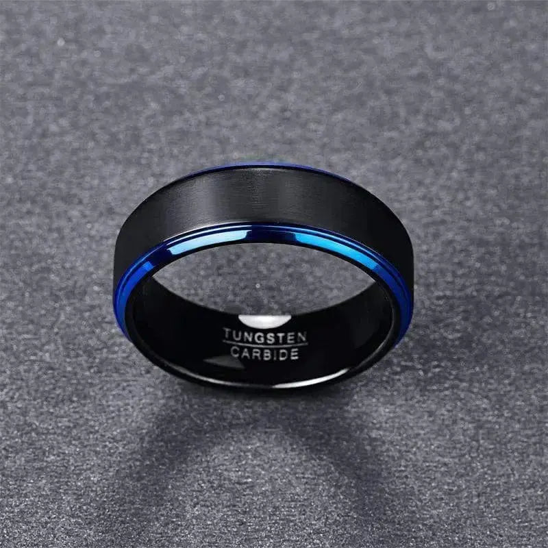 6mm Frosted Black Tungsten Wedding Ring with Polished Blue Step Edging