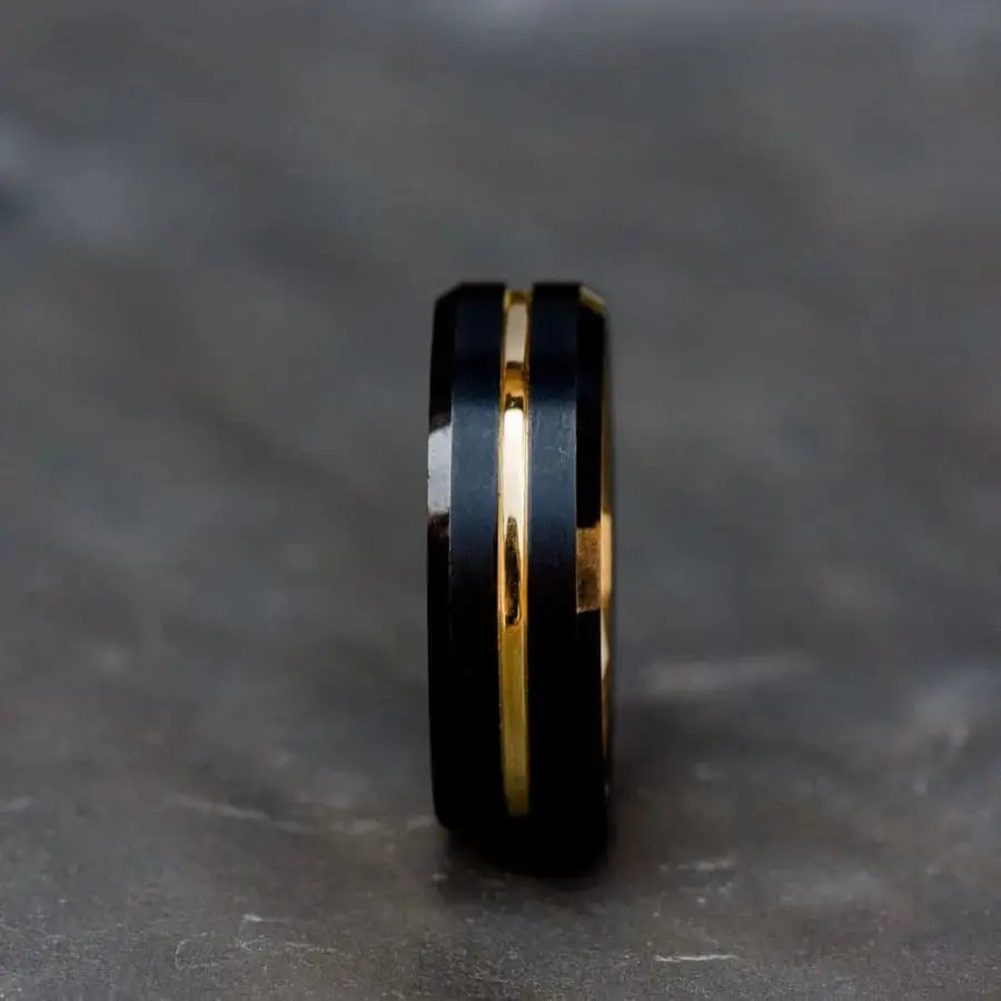 Black Tungsten Carbide Ring with Gold Inner and Inlay