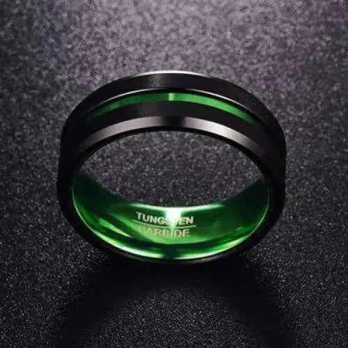 8mm Brushed Black Tungsten Wedding Ring Polished Green Centre Groove and Inner