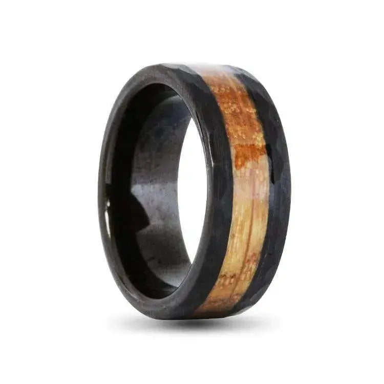 Black Hammered Tungsten Carbide Ring with Whiskey Barrel Inlay
